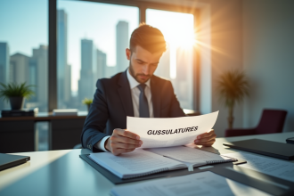 Professionnel d'affaires dans un bureau moderne analysant des documents avec le mot regulations