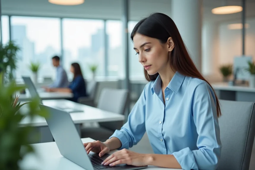 Une professionnelle consulte ses bulletins de paie en ligne sur un portail RH depuis son bureau en open space