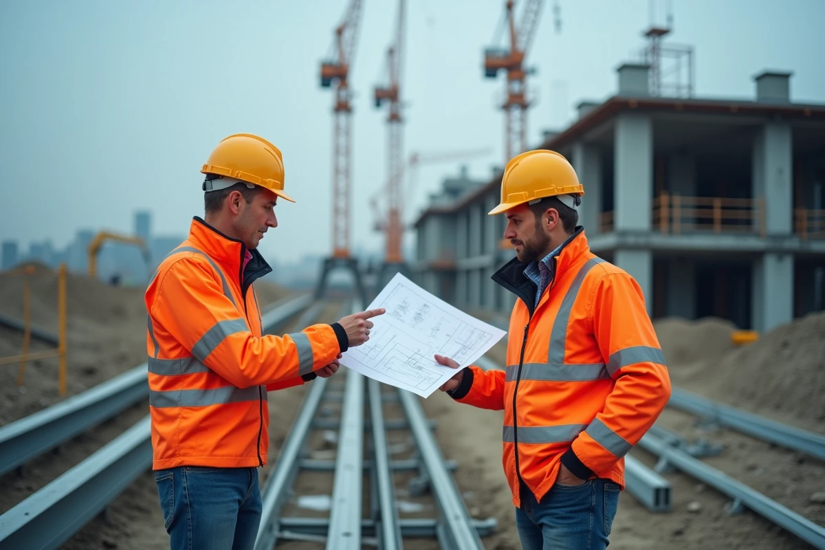 Deux professionnels du bâtiment examinant des composants en acier structurel sur un chantier de construction