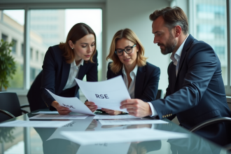 Trois professionnels en réunion autour d'un rapport RSE