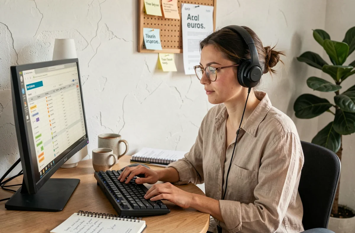 Jeune professionnelle travaillant depuis chez elle avec un casque téléphonique pour passer des appels de prospection à froid