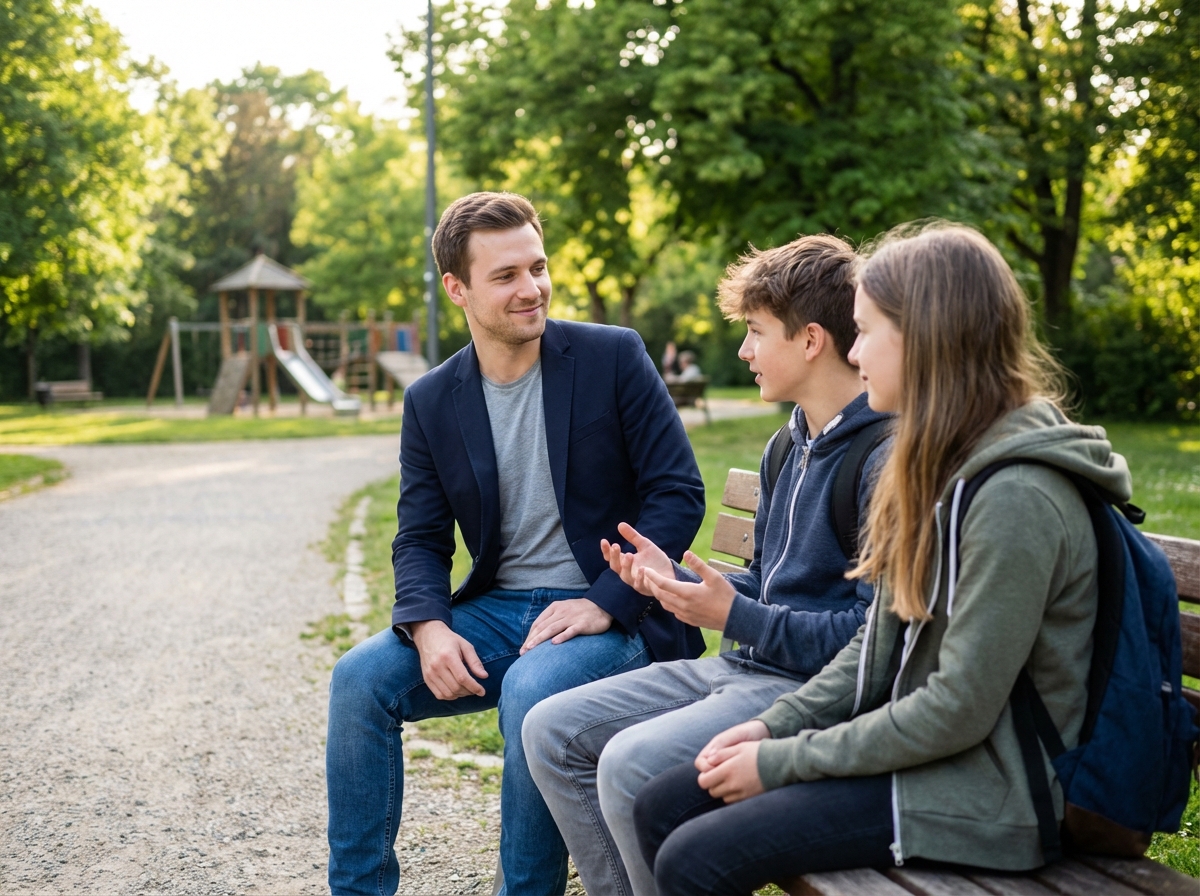 Psychopedagogue souriant avec adolescents dans un parc vert