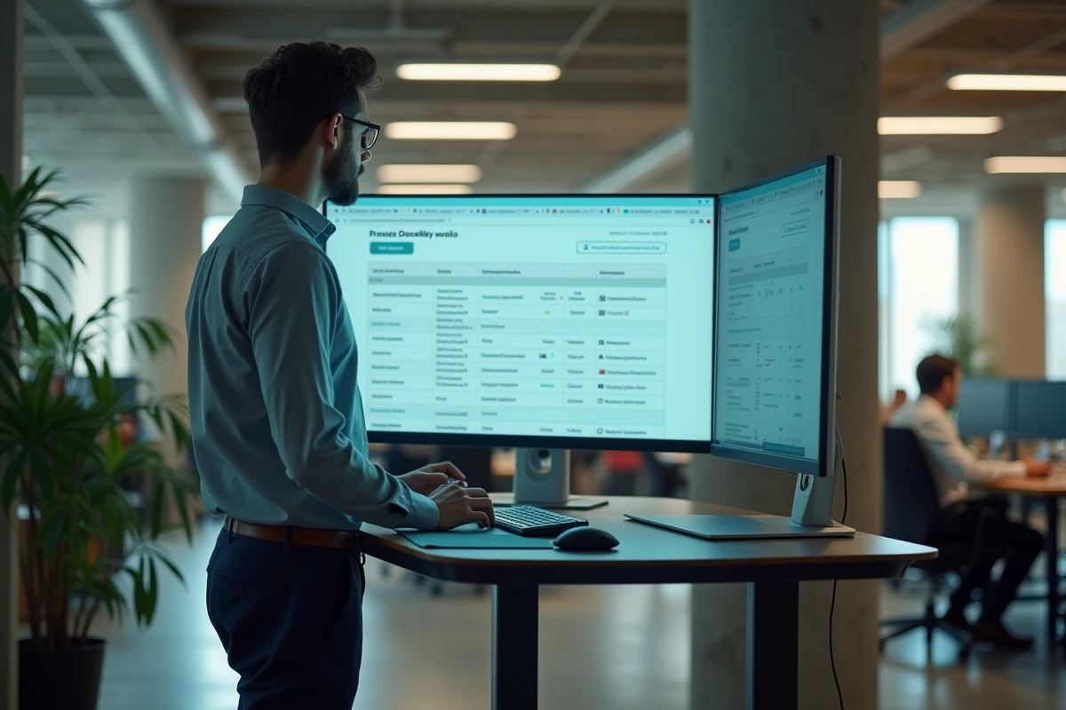 Jeune professionnel consultant les codes ROME sur le portail France Travail dans un espace de coworking moderne