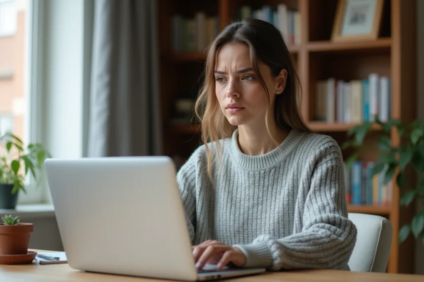 Femme devant son ordinateur portable cherchant à récupérer son mot de passe PaiePilote depuis son bureau à domicile