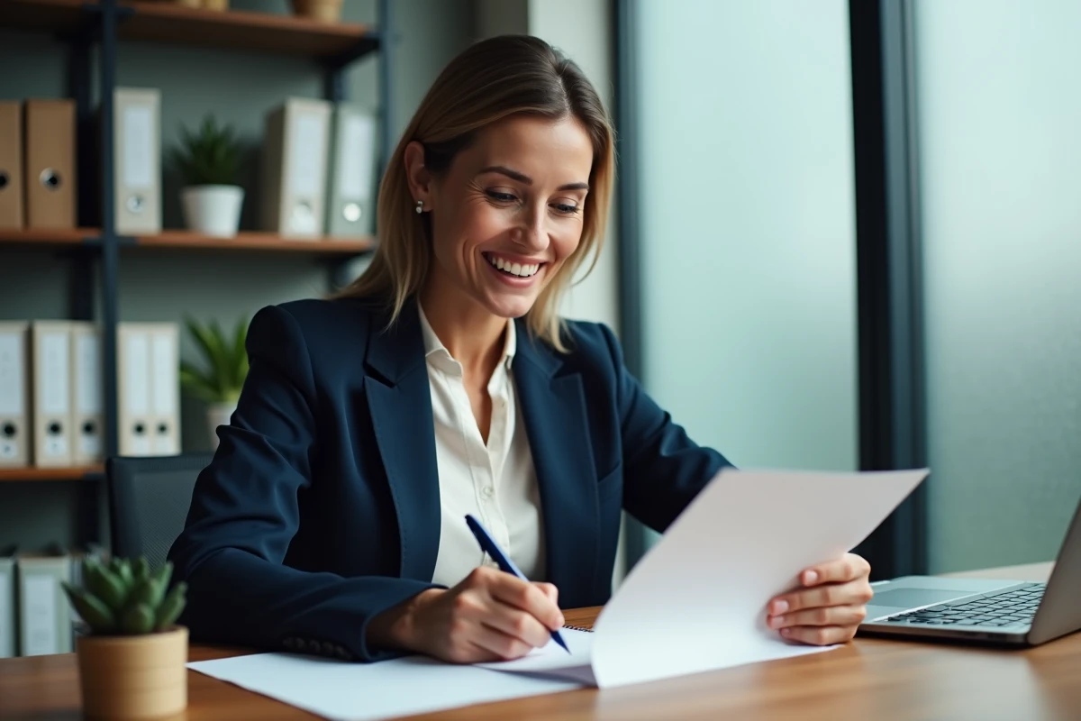 Femme rédigeant un message personnel dans une carte de départ pour un collègue, assise à son bureau dans un environnement de bureau professionnel
