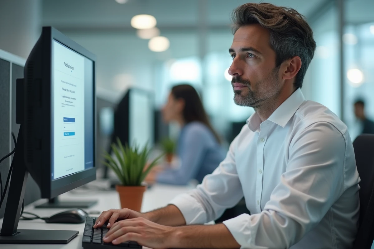 Employé de bureau réinitialisant son mot de passe sur un écran de connexion PaiePilote en milieu professionnel