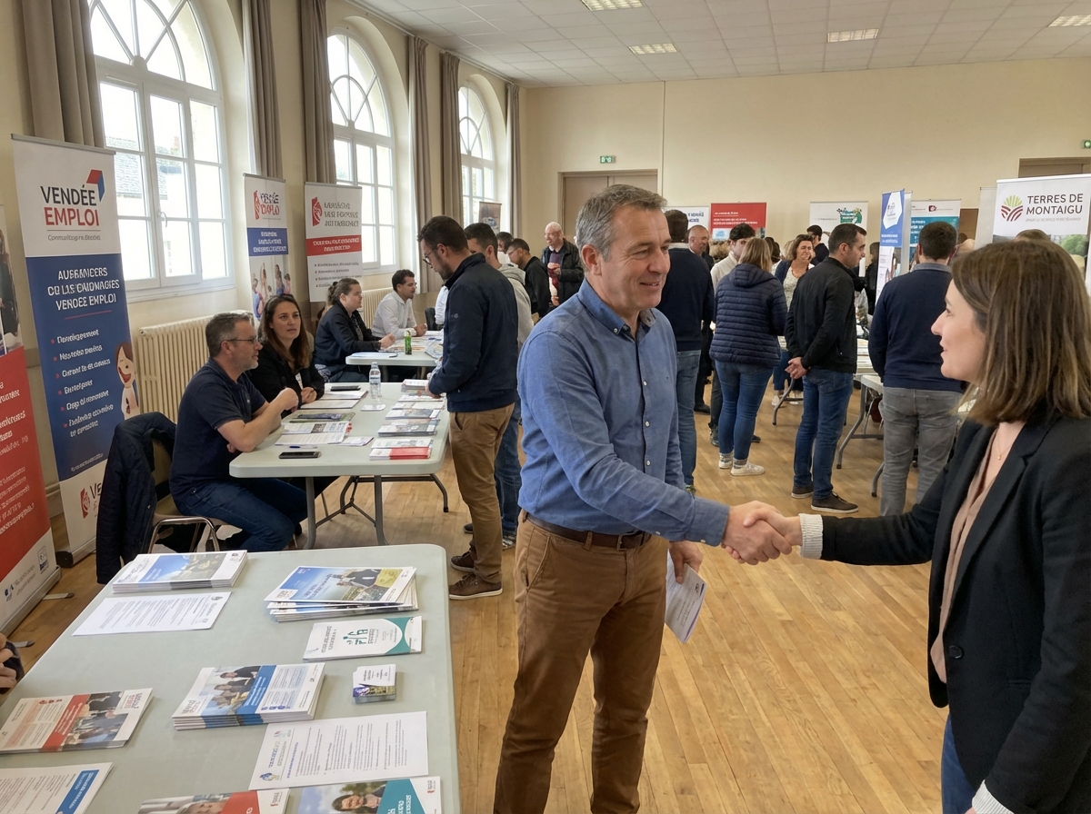Homme serre la main d une recruteuse lors d un salon emploi