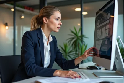 Responsable d'agence consultant un logiciel de planification centralisé sur un grand écran dans un bureau moderne