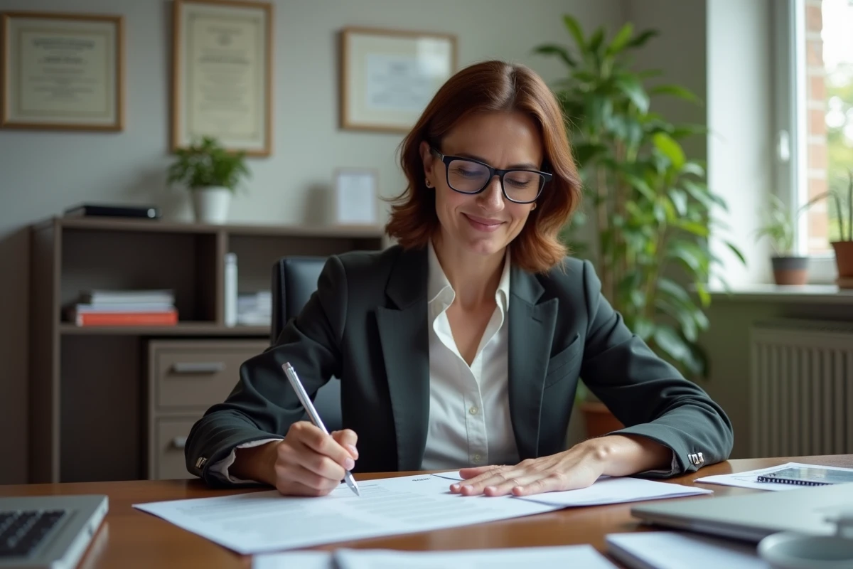 Femme responsable associative relisant attentivement les statuts d'une association avant signature dans un bureau administratif