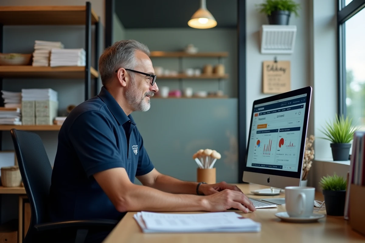 Responsable de magasin consultant le tableau de bord intranet mis à jour sur un ordinateur de bureau en arrière-boutique
