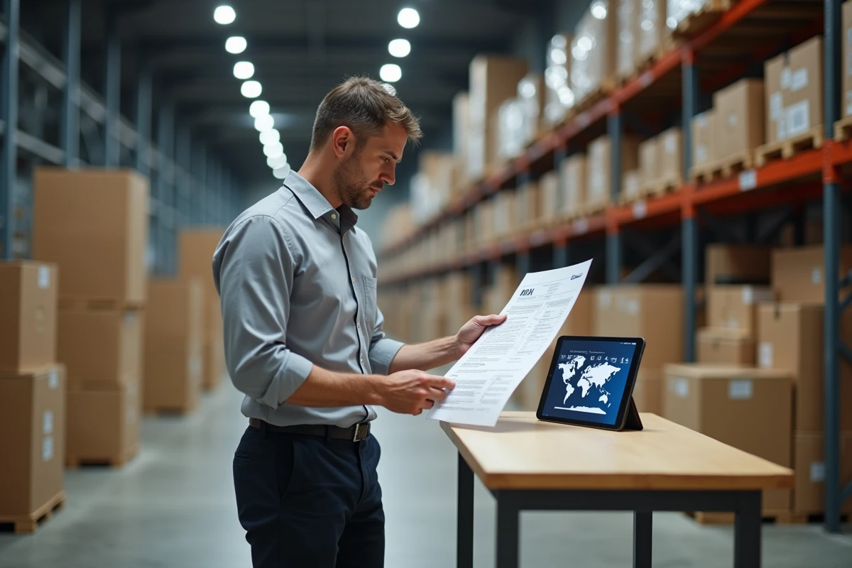 Responsable logistique examinant un certificat d'identification d'entreprise dans un entrepôt d'exportation