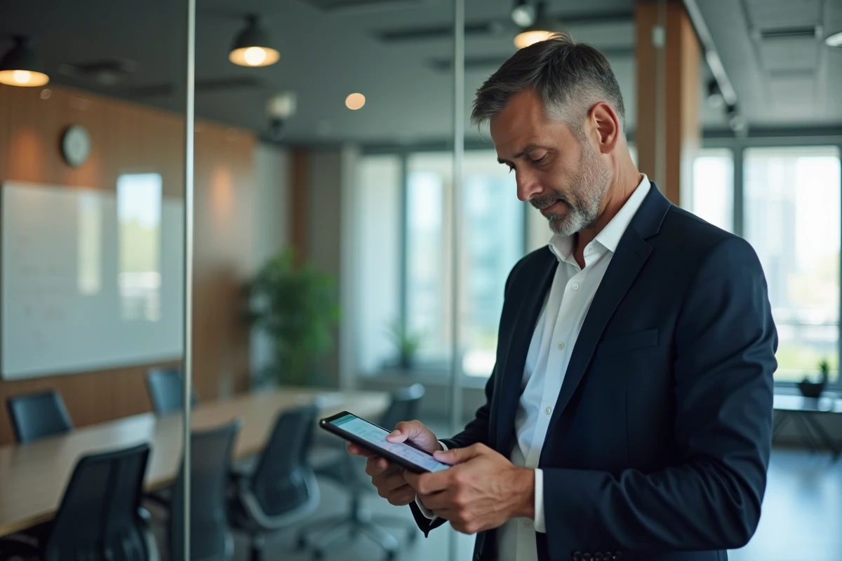 Un responsable RH consulte un tableau de bord de gestion des bulletins de paie dématérialisés sur tablette