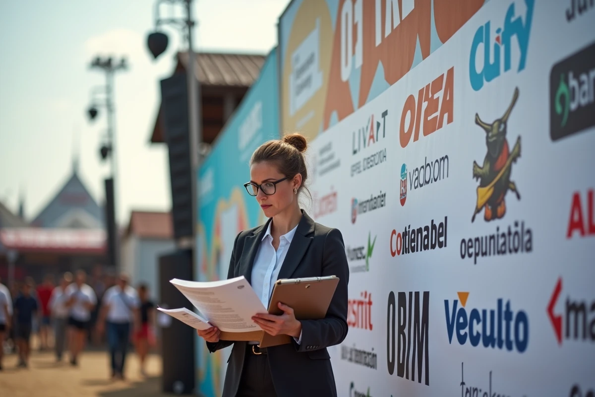 Une responsable &eacute;v&eacute;nementiel consultant des documents devant un panneau affichant les logos de sponsors lors d'un &eacute;v&eacute;nement culturel en ext&eacute;rieur