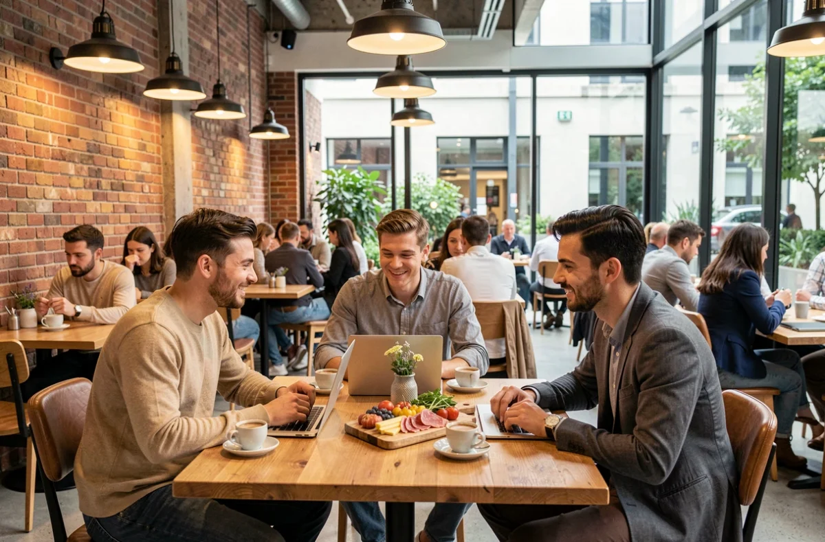Jeune professionnels déjeunant dans un restaurant moderne près de Station F à Paris