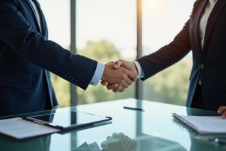 Deux professionnels en réunion signant des documents officiels