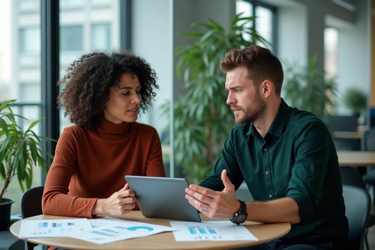 Deux professionnels discutant d'erreurs de stratégie sur une plateforme startup autour de rapports analytiques imprimés dans une salle de réunion moderne