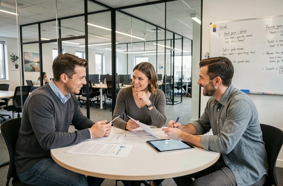 Groupe d'entrepreneurs en réunion collaborative dans une salle de coworking vitrée à Montauban