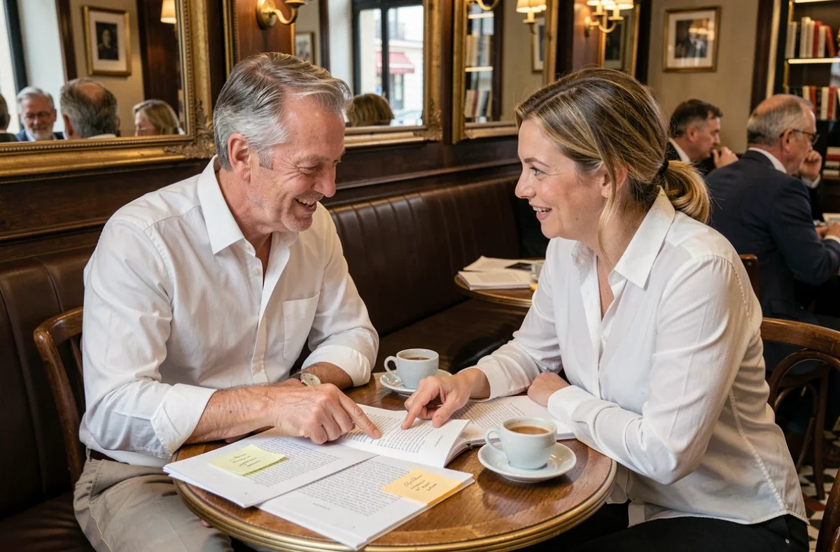 Éditeur et auteure en discussion éditoriale animée dans une brasserie parisienne classique