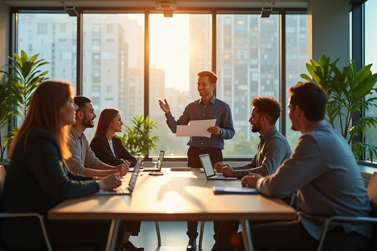 Réunion d équipe d affaires avec présentation de document en salle lumineuse