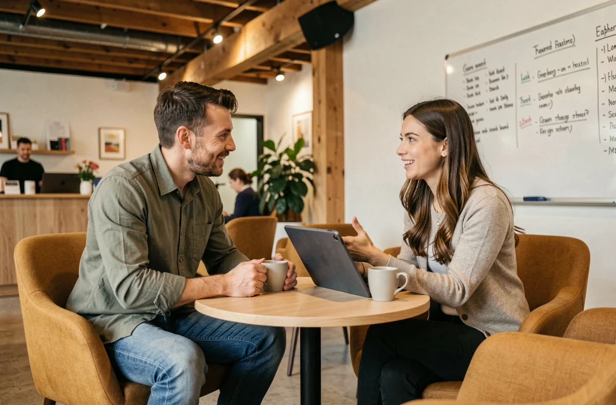 Deux collègues en discussion professionnelle dans un salon de coworking à Perpignan autour d'une tablette et de cafés