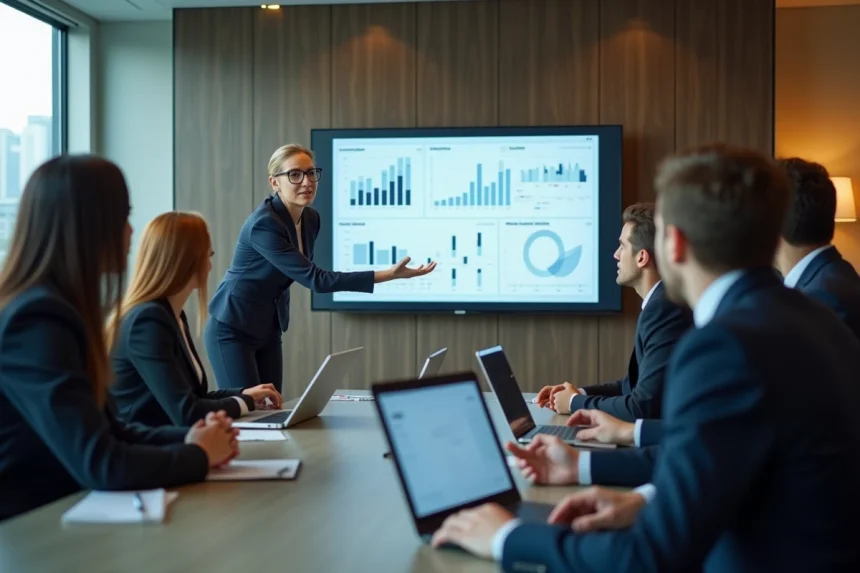 Groupe de professionnels regardant un tableau de bord digital