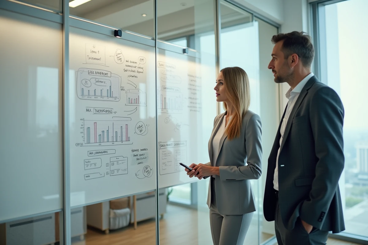 Deux dirigeants Apple en réunion stratégique devant un tableau blanc rempli de graphiques financiers et de plans produits