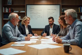 Membres d'une association réunis autour d'une table pour réviser et annoter les statuts lors d'une assemblée générale