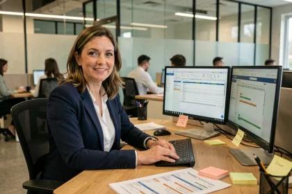 Responsable RH femme travaillant sur un logiciel de planification AgileTime dans un bureau moderne avec des plannings imprimés sur son bureau