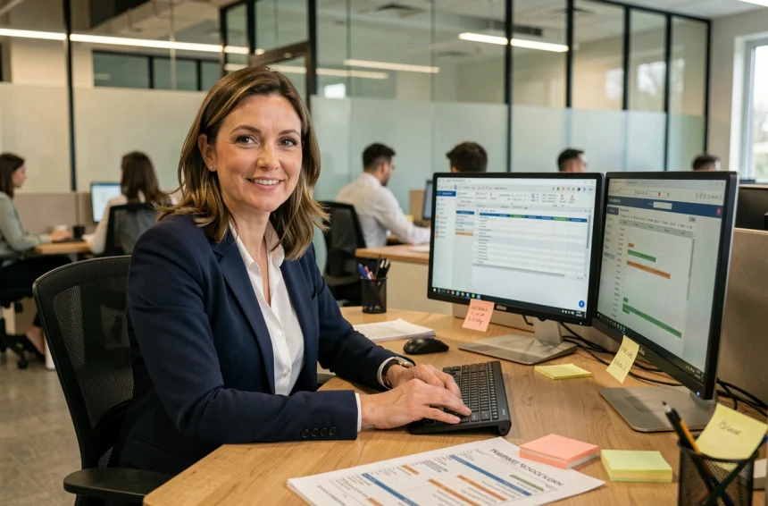 Responsable RH femme travaillant sur un logiciel de planification AgileTime dans un bureau moderne avec des plannings imprimés sur son bureau