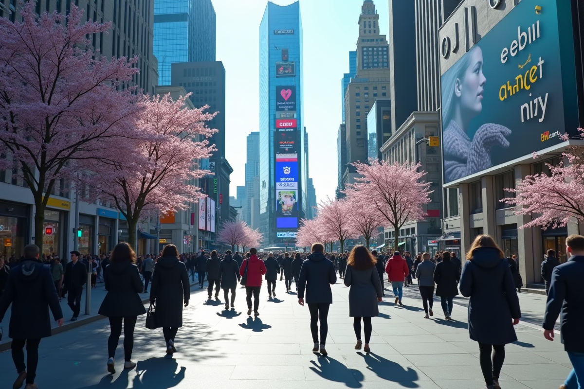 Rue animée en avril avec affichage de changements