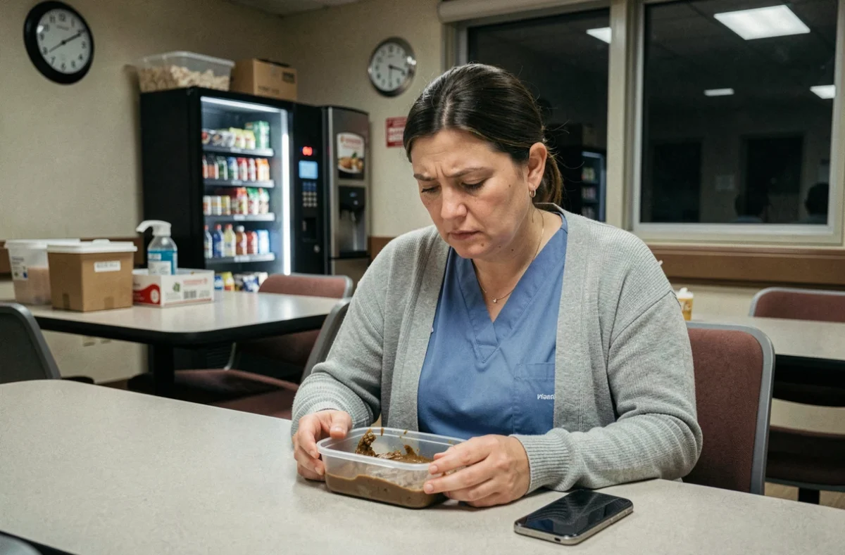 Femme salariée en pause nocturne dans une salle de repos, reflétant l'isolement et la fatigue des travailleurs en horaires décalés 5x8