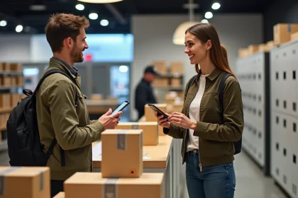 Femme remettant son t&eacute;l&eacute;phone au personnel dans une boutique moderne