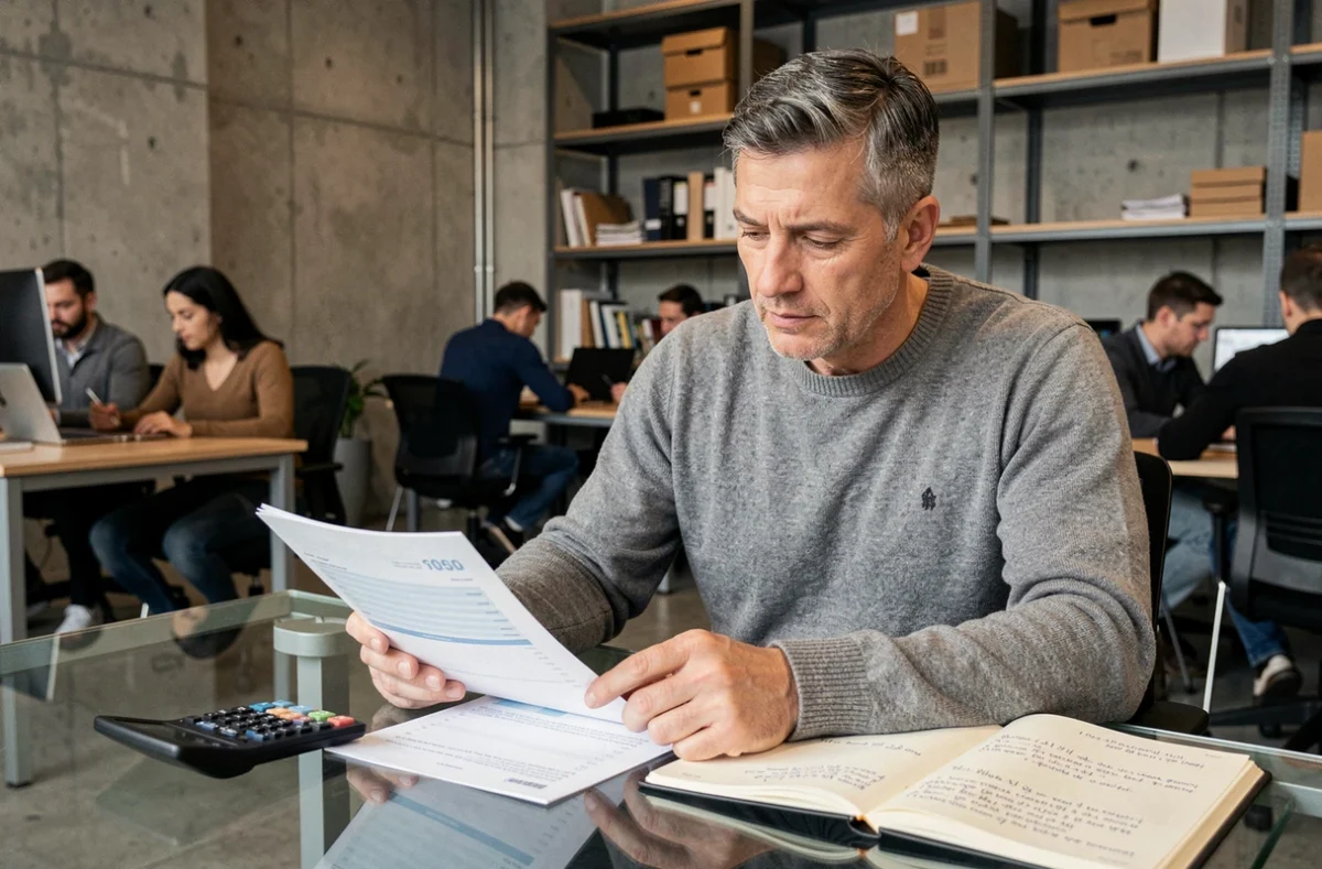 Freelance en portage salarial analysant une simulation de revenu dans un espace de coworking avec documents financiers