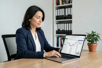 Femme consultante en portage salarial utilisant un simulateur de revenu net sur ordinateur dans un bureau à domicile