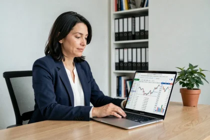 Femme consultante en portage salarial utilisant un simulateur de revenu net sur ordinateur dans un bureau à domicile