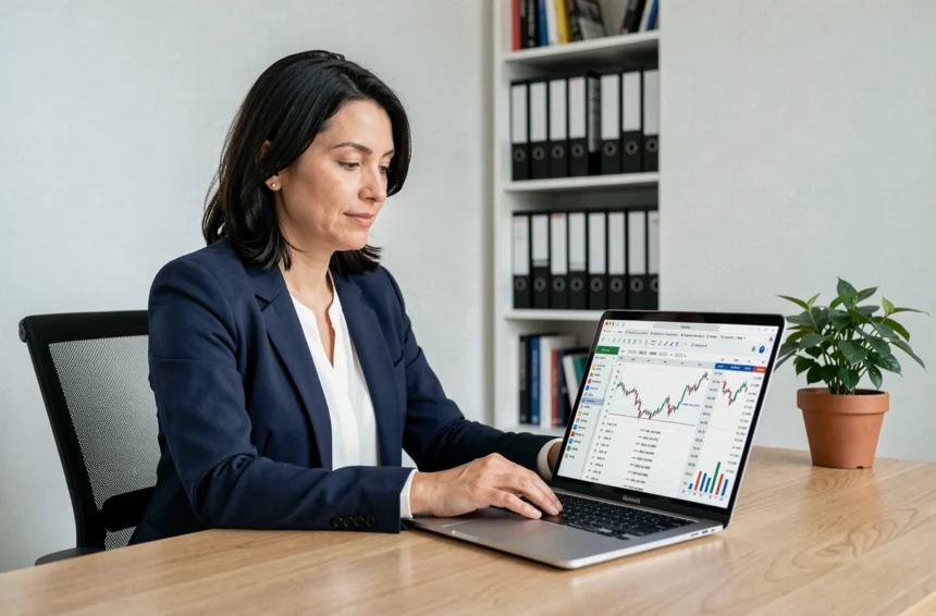 Femme consultante en portage salarial utilisant un simulateur de revenu net sur ordinateur dans un bureau à domicile