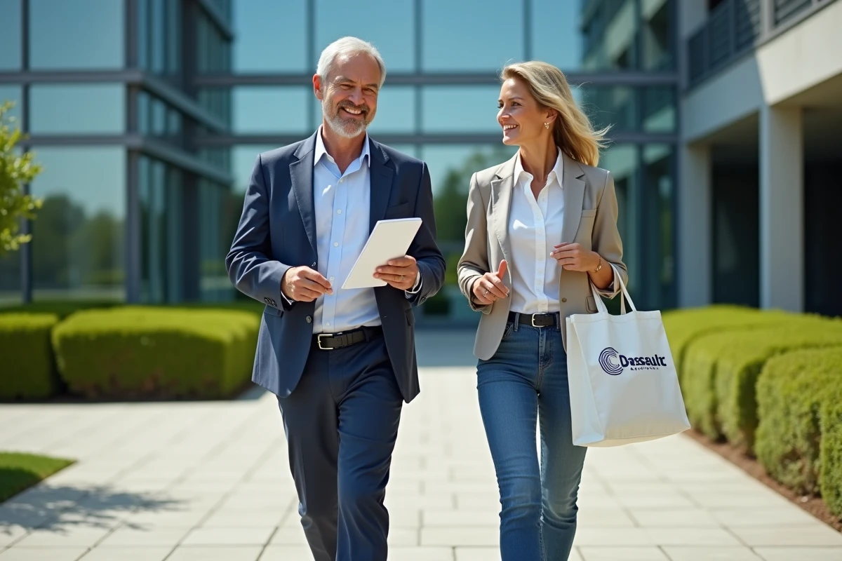 Homme et femme souriants devant le si&egrave;ge Dassault Aviation