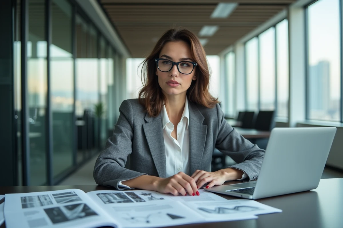 Spécialiste en approvisionnement comparant des catalogues de produits en acier dans un bureau moderne
