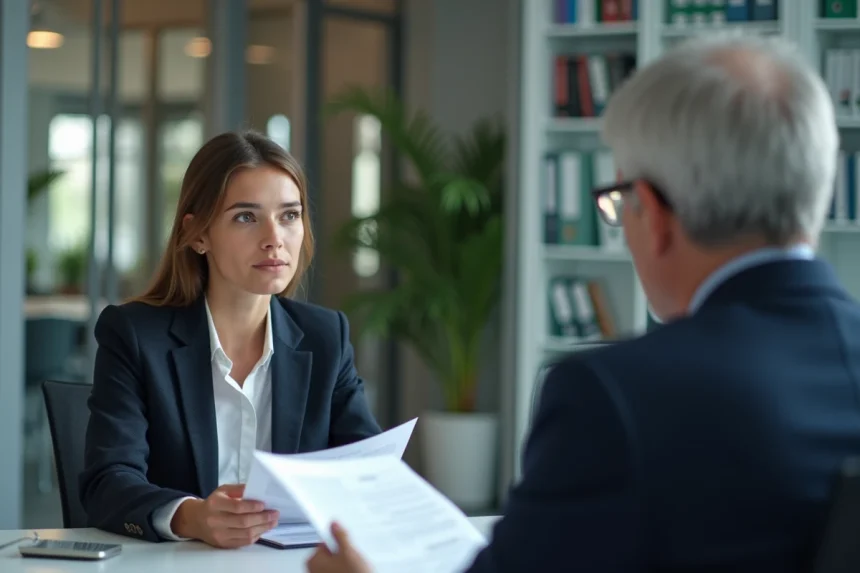 Stagiaire en discussion formelle avec son responsable dans un bureau d'entreprise, tenant des documents liés à une demande de congé