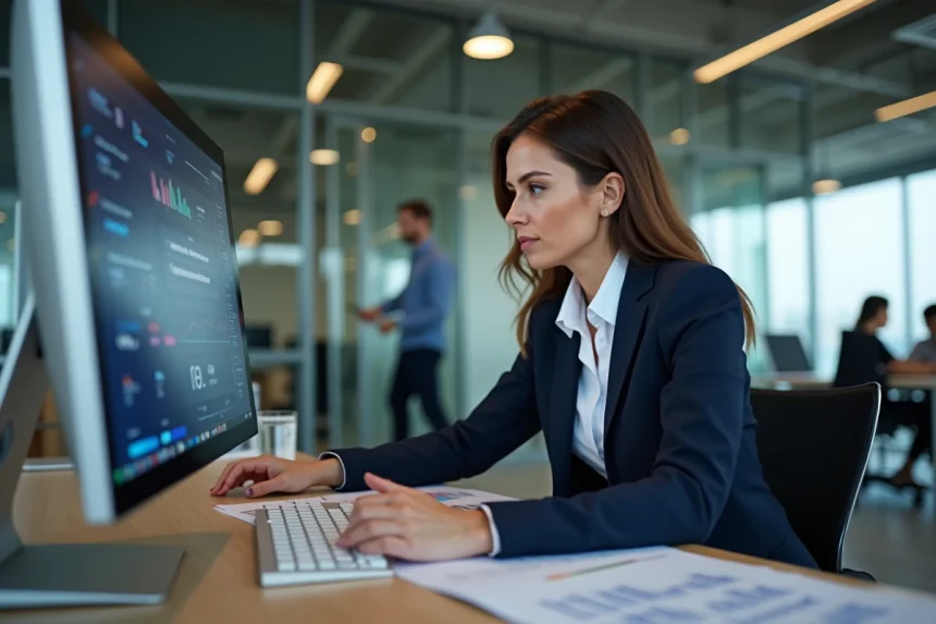 Professionnelle en blazer marine élaborant une stratégie digitale B2B sur un écran d'ordinateur dans un bureau moderne