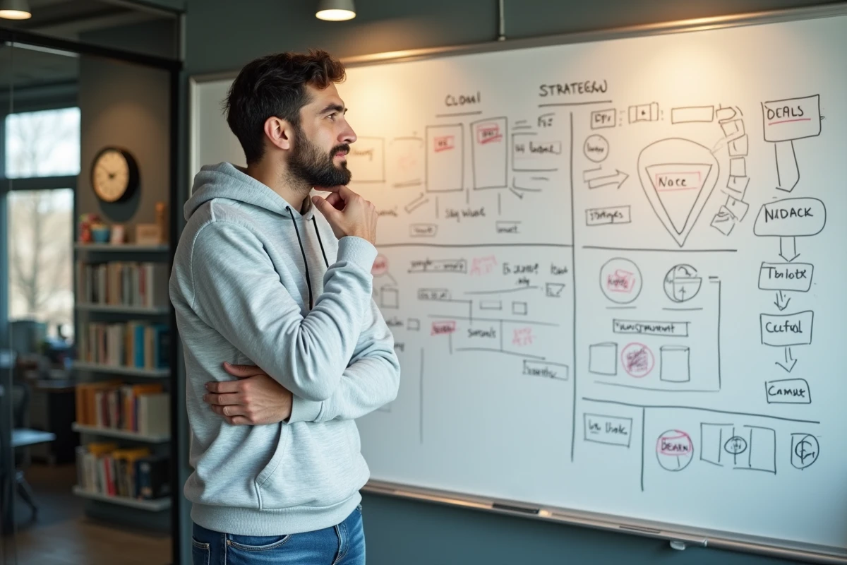 Entrepreneur masculin analysant un tableau blanc rempli de stratégies barrées dans un bureau de startup, symbolisant les erreurs courantes lors du lancement sur une nouvelle plateforme