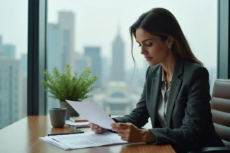 Femme d'affaires analysant une stratégie d'offre premium de niche dans un bureau moderne et épuré