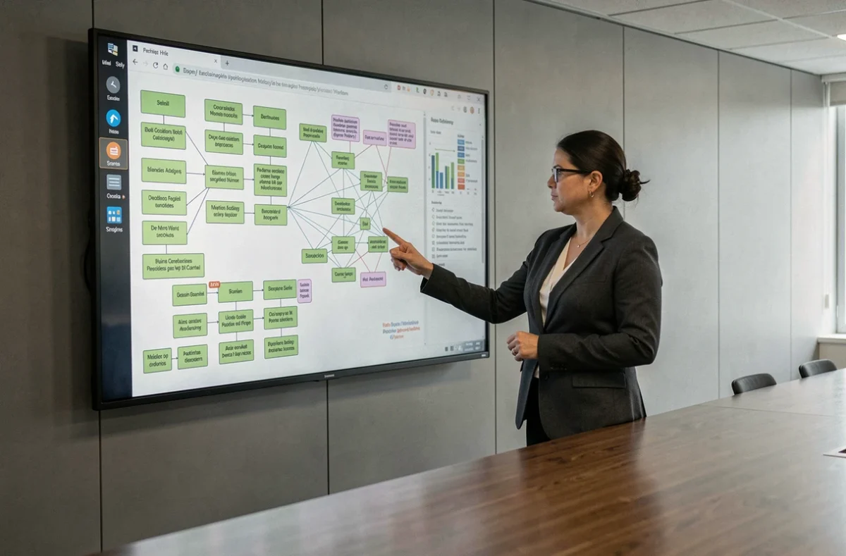 Chercheuse analysant un organigramme complexe révélant la structure cachée d'un groupe industriel