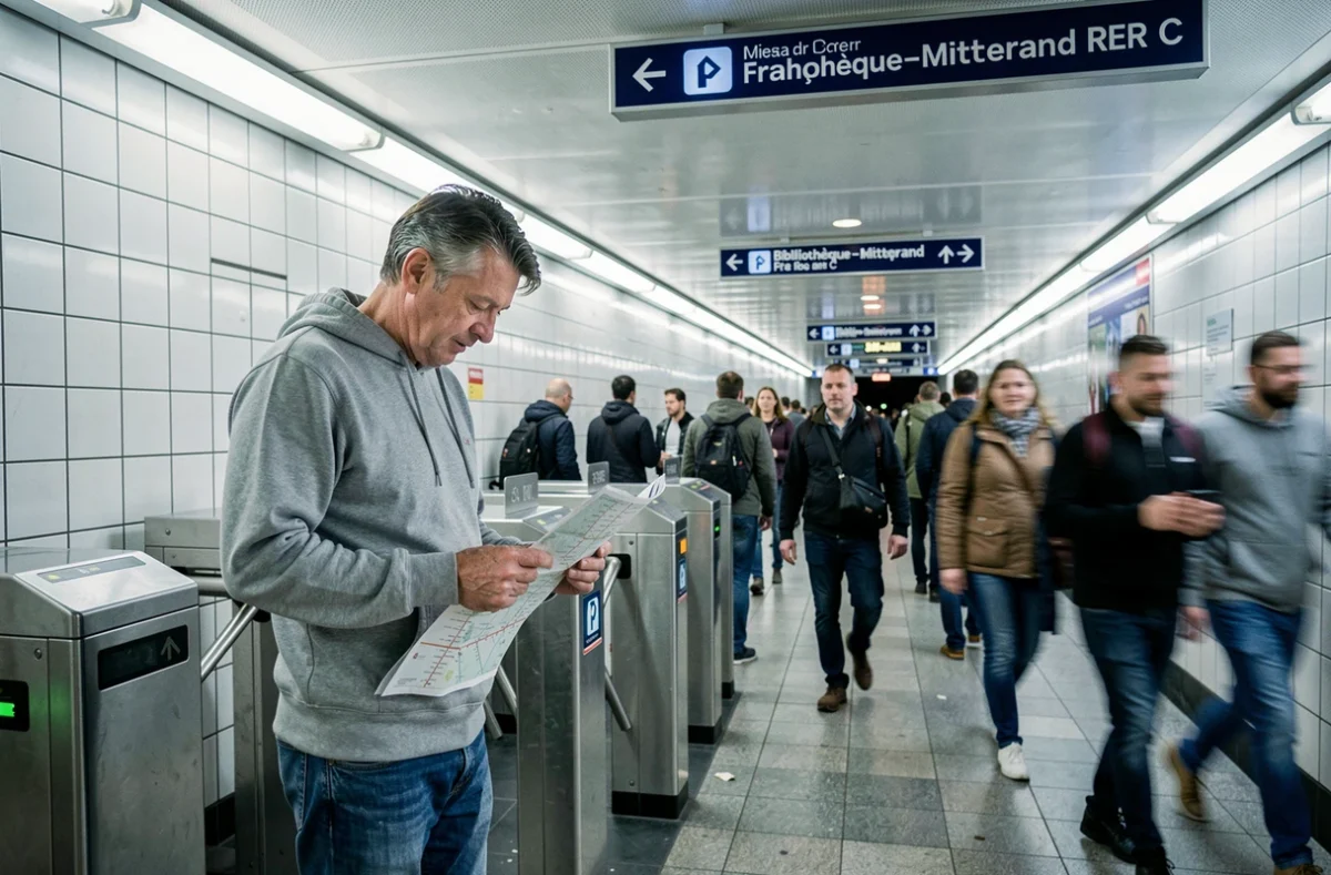Entrée de la station de métro proche de Station F à Paris avec un usager consultant un plan