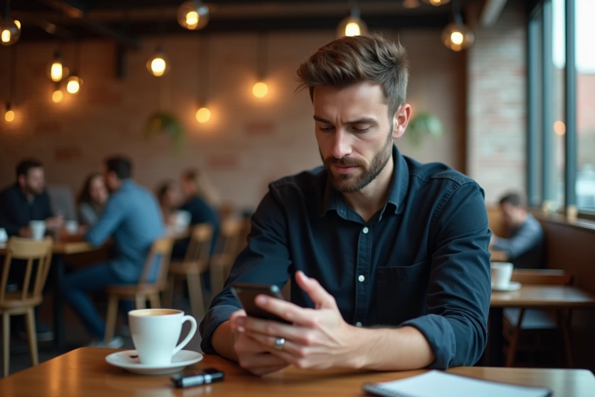 Jeune homme consultant l'application Adivak sur smartphone dans un café urbain