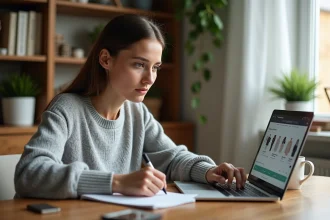 Femme vérifiant son panier d'achat en ligne sur un ordinateur portable avant de valider sa commande sur Easytvshop