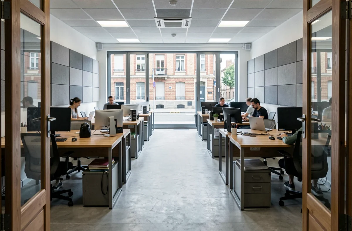 Vue d'ensemble d'un espace de coworking moderne à Montauban avec bureaux partagés et architecture en brique locale